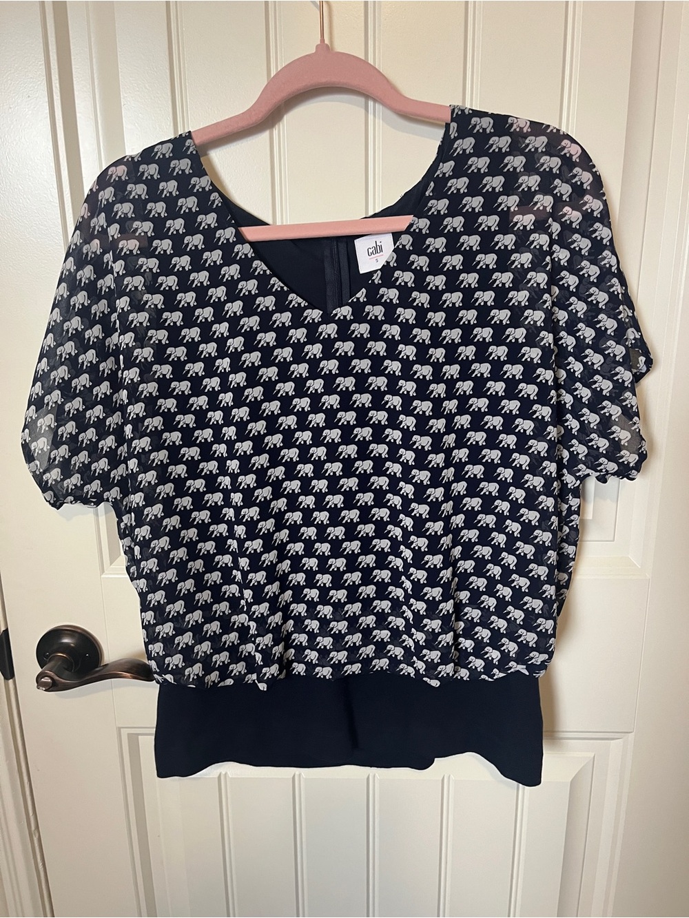 CAbi Navy Blouse with White Elephant Print
